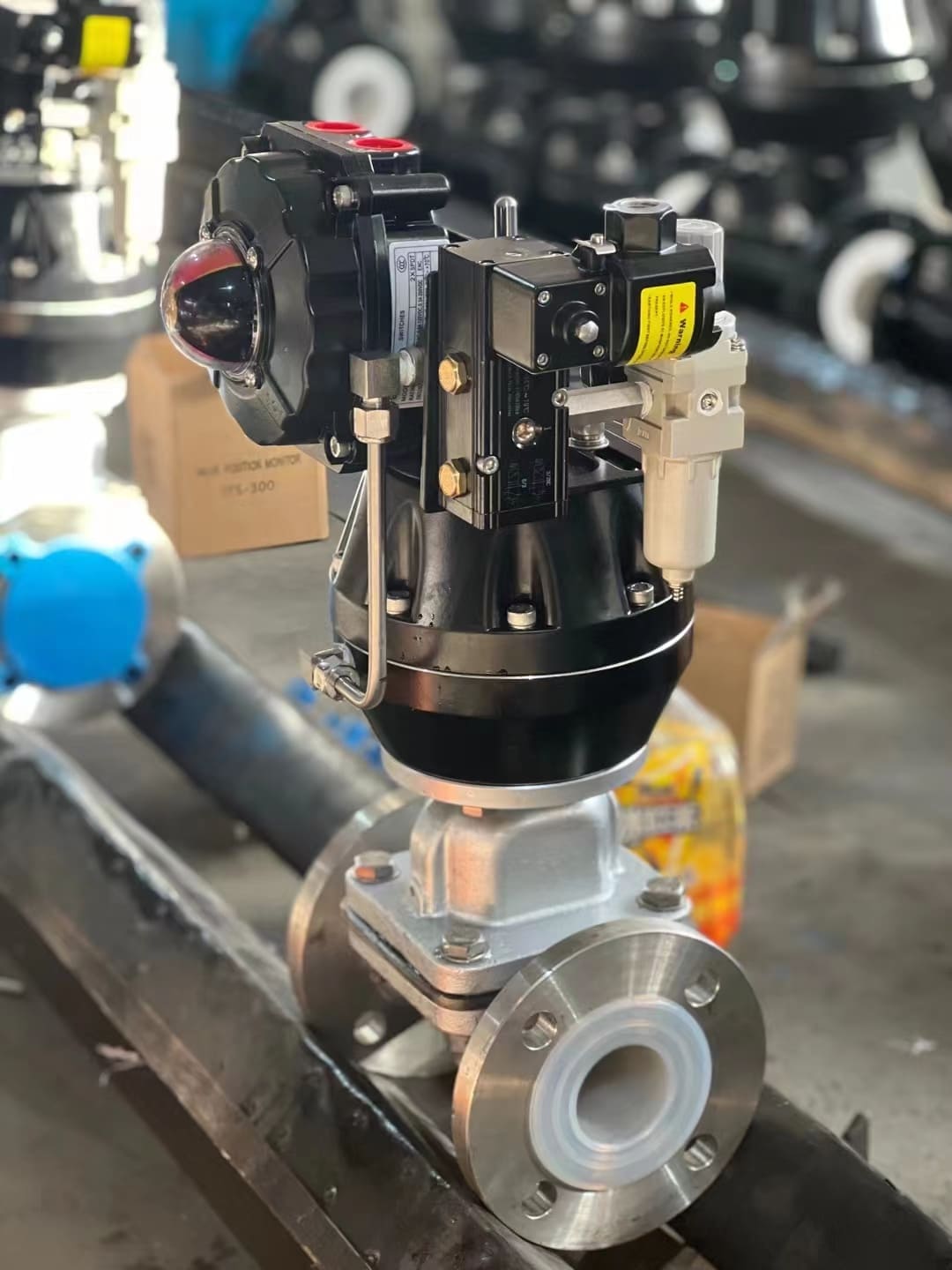 Close-up of pneumatic actuators on diaphragm valves