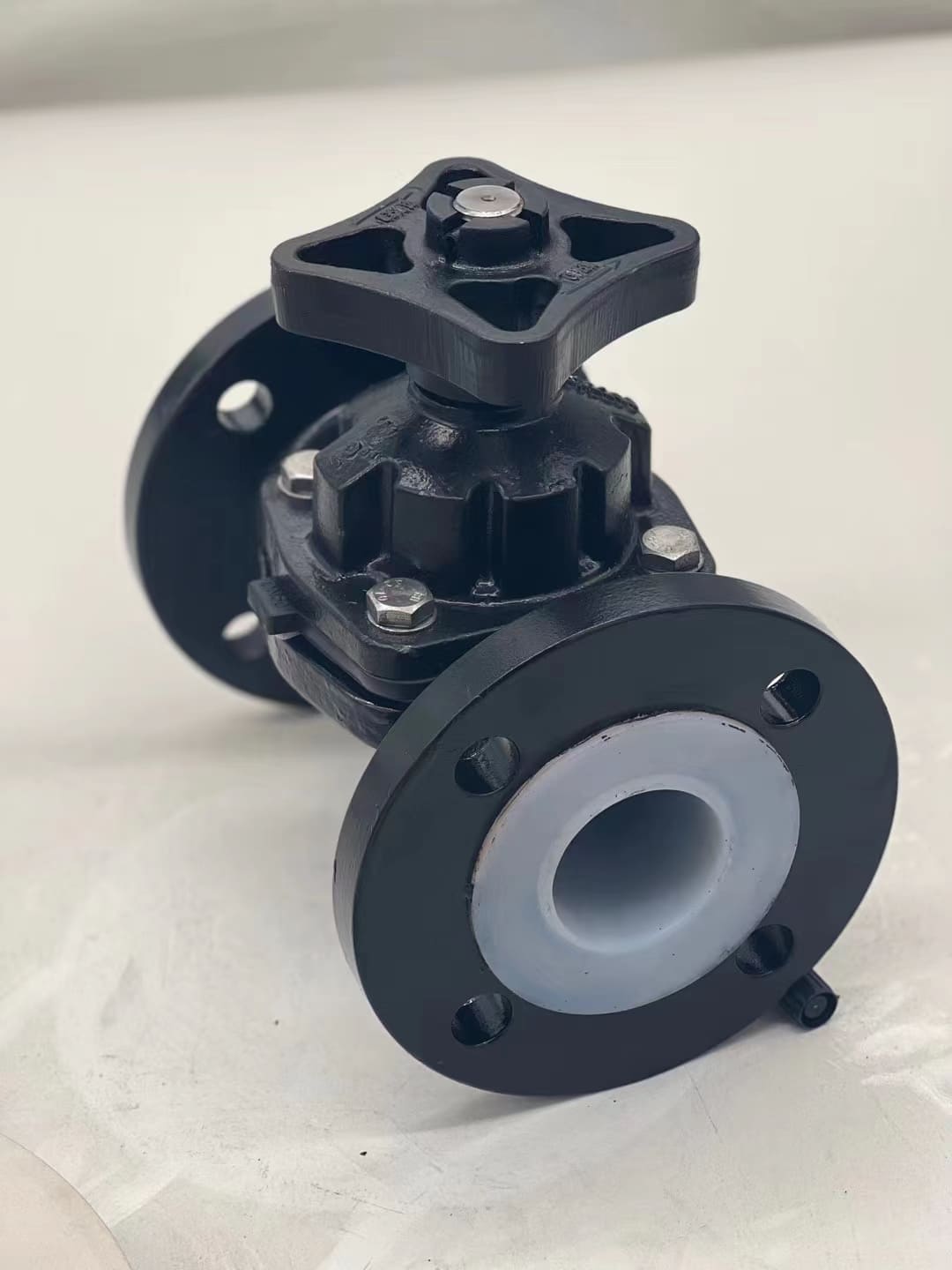 A close-up view of a diaphragm valve's internal lining