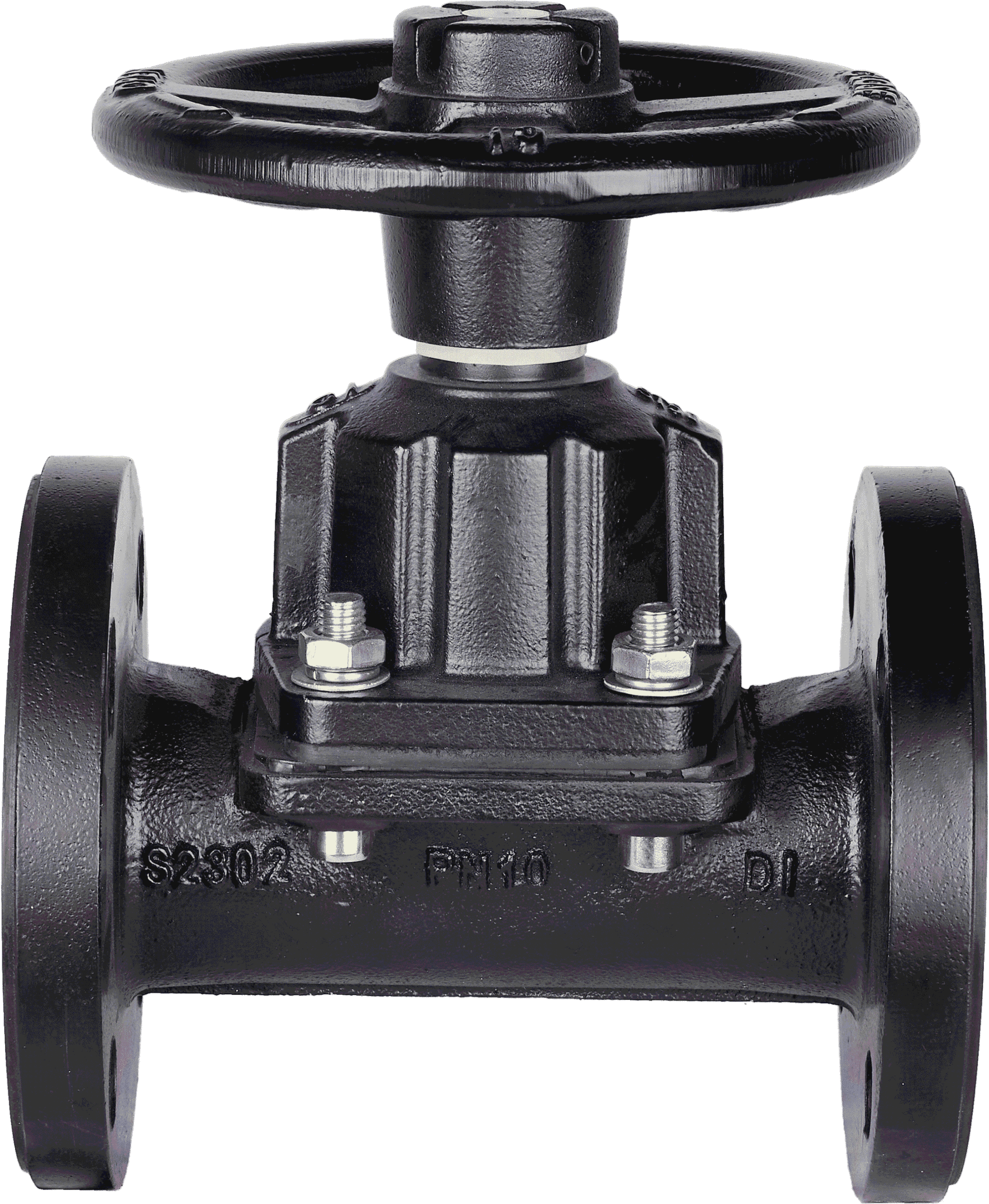 Cutaway view of a straight-through diaphragm valve showing the clear flow path