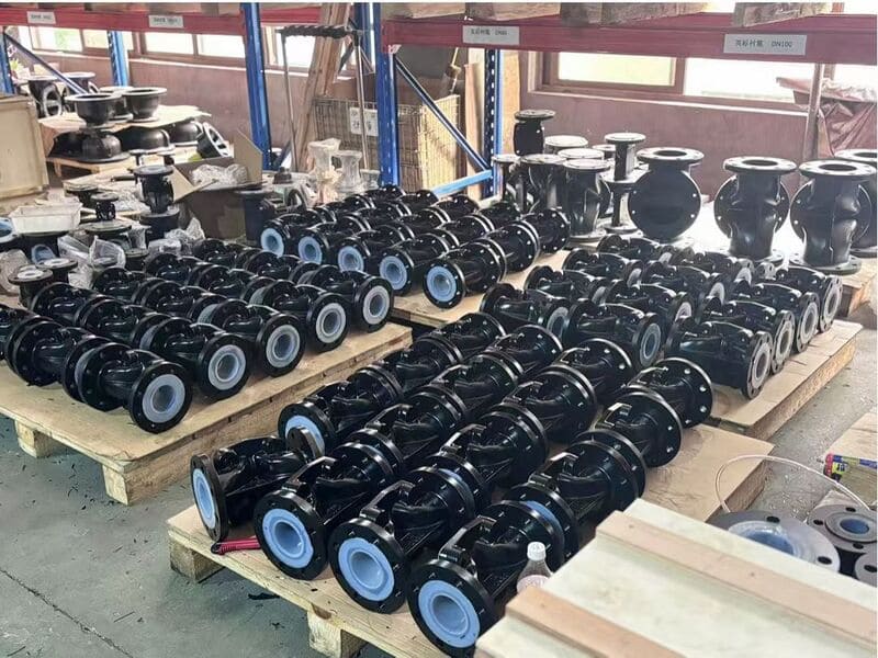 Advanced diaphragm valve manufacturing workshop with automated production equipment and quality testing systems for CI DI PTFE PFA lined valves